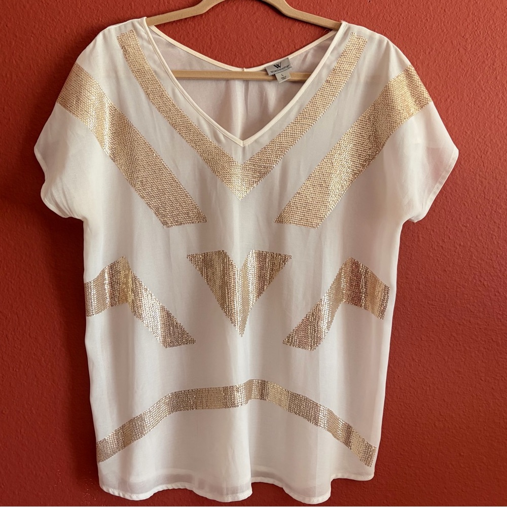 Worthington Women’s Gold Sequin Geometric Chiffon Blouse - Size Large